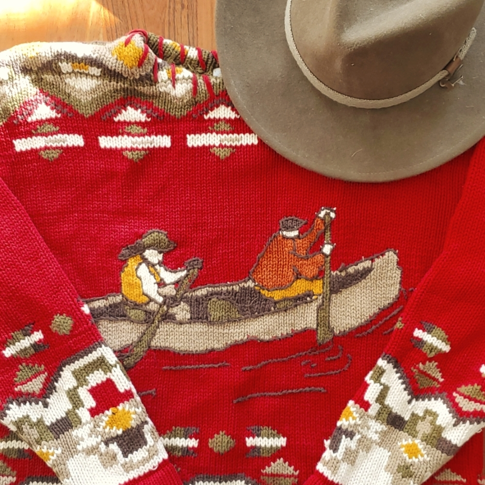 Vintage Cotton Sweater with Outdoorsy Canoe Motif